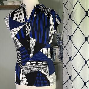 Alfani Short Sleeve Geometric Boho Blouse Blue Black Business Silver Woman P/S